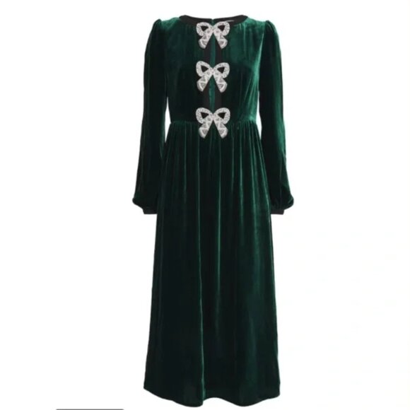 SALONI Dresses & Skirts - Saloni Camille Racing Green Velvet Dress 4 Jeweled Bows Midi Feminine Holiday